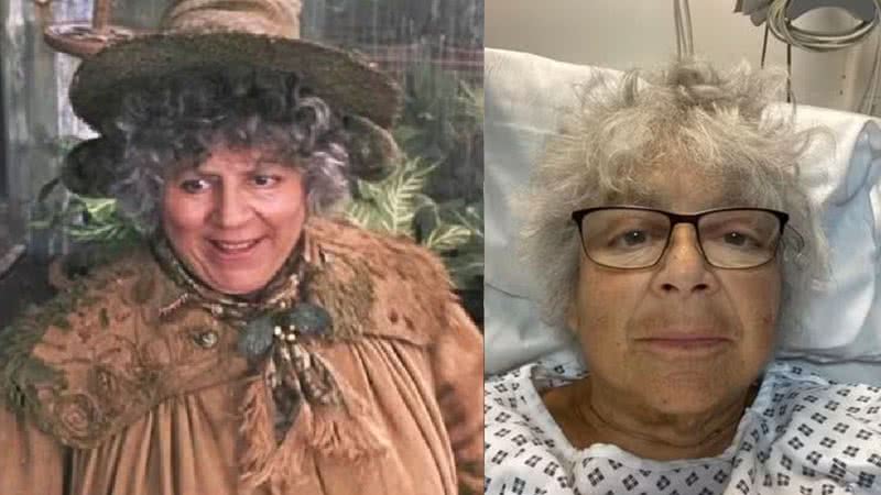 Miriam Margolyes interpretou a Professora Sprout em Harry Potter - Foto: Reprodução/Warner Bros/Instagram e Reprodução/Facebook