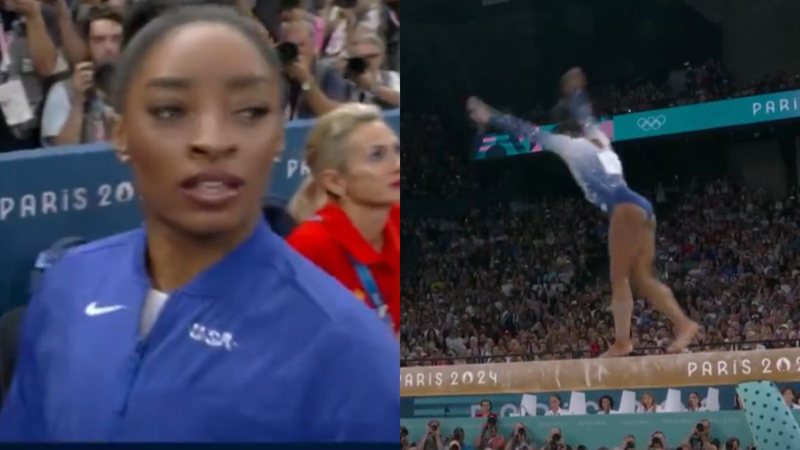 Simone Biles sofre queda em prova na trave nas Olimpíadas - Reprodução/Globo