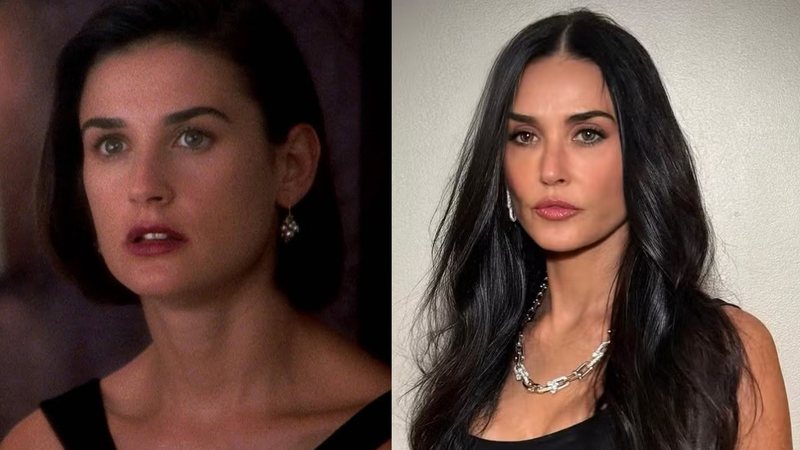 Demi Moore, à esquerda, em cena de 'Proposta Indecente' (1993) e, à direita, uma foto publicada em seu instagram esta semana - Foto: Reprodução/YouTube/Instagram