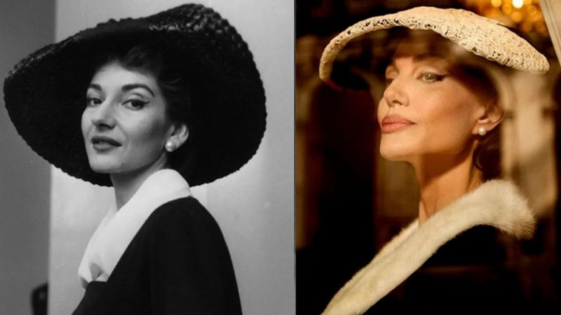 Maria Callas, em 1958 e Angelina Jolie caracterizada para o filme entitulado Maria - Foto: The Divine One/Divulgação/Netflix