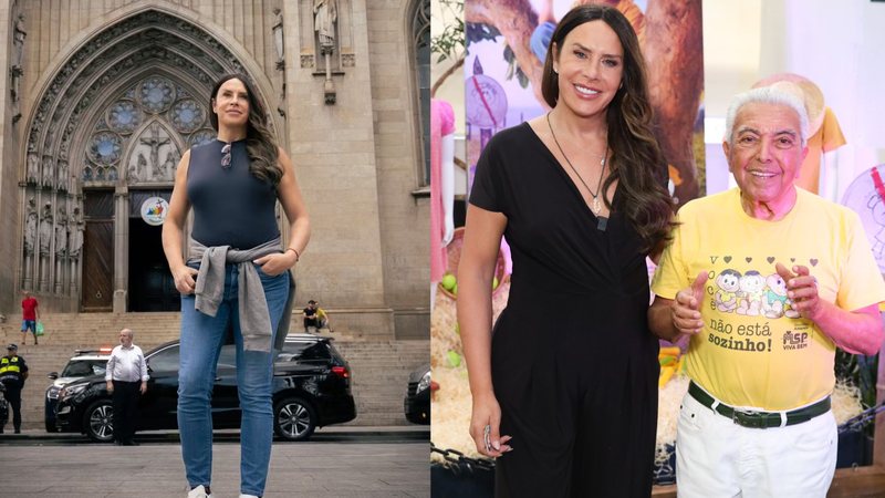 Karla Sofía Gascón em frente à Catedral da Sé, em São Paulo, e em encontro com o cartunista Mauricio de Sousa - Fotos: Lucas Ramos / Brazil News