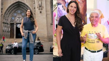 Karla Sofía Gascón em frente à Catedral da Sé, em São Paulo, e em encontro com o cartunista Mauricio de Sousa - Fotos: Lucas Ramos / Brazil News