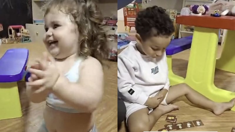 Lua Di Felice, de um ano, filha de Viih Tube e Eliezer, brinca com Cris, de três, filho de Bianca Andrade e Fred - Foto: Reprodução/Instagram