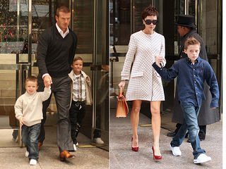 David Beckham com os pequenos Romeo e Cruz. Victoria Beckham com o mais velho, Brooklyn - Reprodução