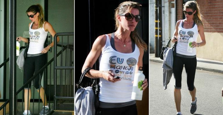 Gisele Bündchen usa camiseta com mensagem ecológica para malhar, em Los Angeles - CityFiles