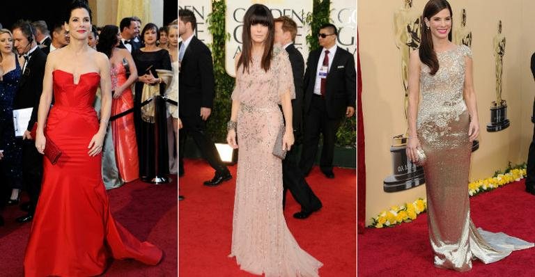 Sandra Bullock no Oscar 2011, no Globo de Ouro 2011 e no Oscar 2010 - Getty Images