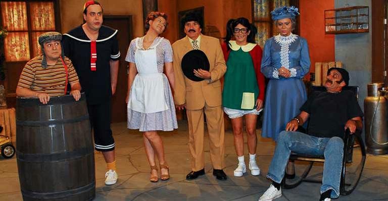 Renê Loureiro (Chaves), Zé Américo (Kiko), Lívia Andrade (Dona Florinda), Carlos Alberto de Nóbrega (Professor Girafales), Marlei Cevada (Chiquinha), Christina Rocha (Dona Clotilde) e Felipe Levoto (Seu Madruga) - Celso Akin/AgNews