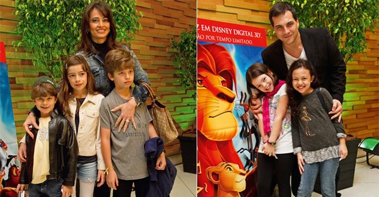 Carla e os filhos, Marcelo, Clarissa e Pedro conferem o longa O Rei Leão em 3D. O ator Daniel Boaventura com a herdeira Joana e a amiguinha Giovanna. - Renata D'Almeida