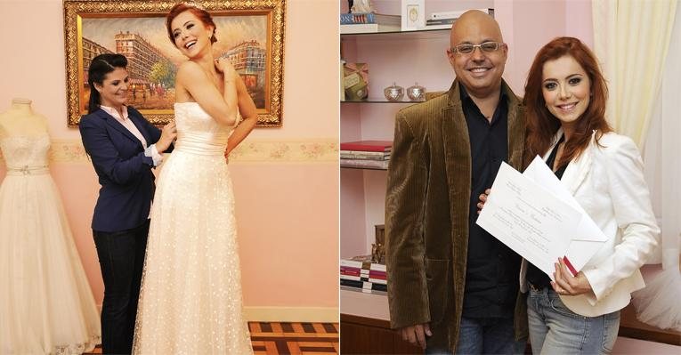 A Laura de O Astro prova o vestido com a estilista Marie Lafayette para a união com o diretor Mario Meirelles. Convites com o designer Marcos Lucena. - João Mário Nunes