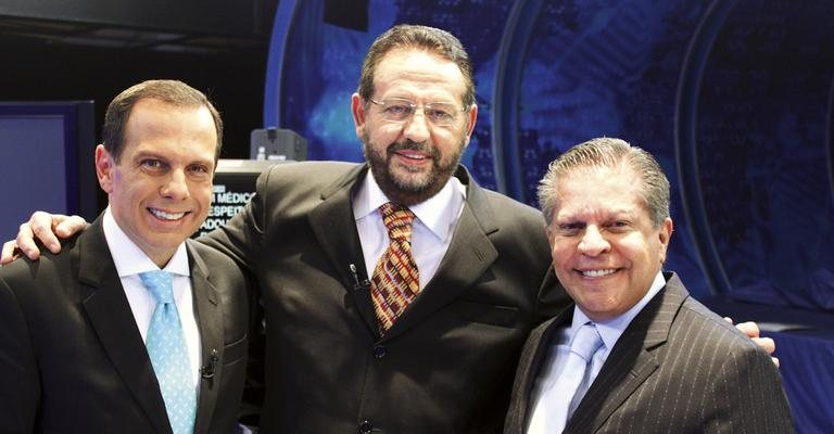 João Doria Jr. grava em SP com Miguel Daoud e Carlos Alberto de Oliveira Andrade para seu programa na Rede Bandeirantes.