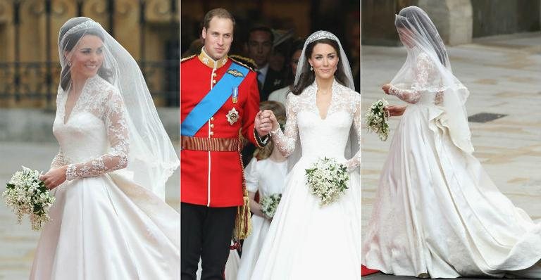 Kate Middleton e seu famoso vestido de noiva, no casamento com Príncipe William - Getty Images