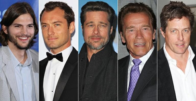 Ashton Kutcher, Jude Law, Brad Pitt, Arnold Shwarzenegger e Hugh Grant - Getty Images