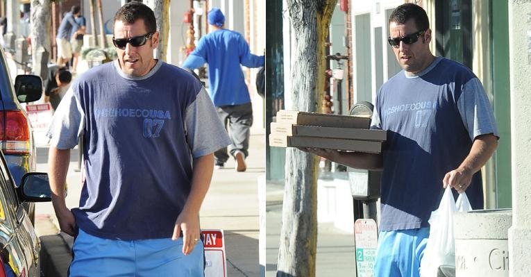 Adam Sandler compra pizzas e exibe nova forma em Santa Monica, na Califórnia - Splash News www.splashnews.com