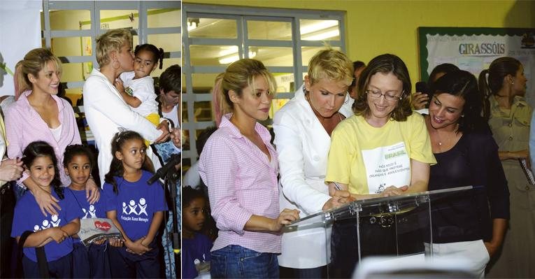 Shakira abraça Eduarda, Tainá e Daniele e Xuxa beija menina da Cidade de Deus. Elas assinam termo com a ministra Maria do Rosário, ao lado de Adriana Ancelmo. - João Mário Nunes