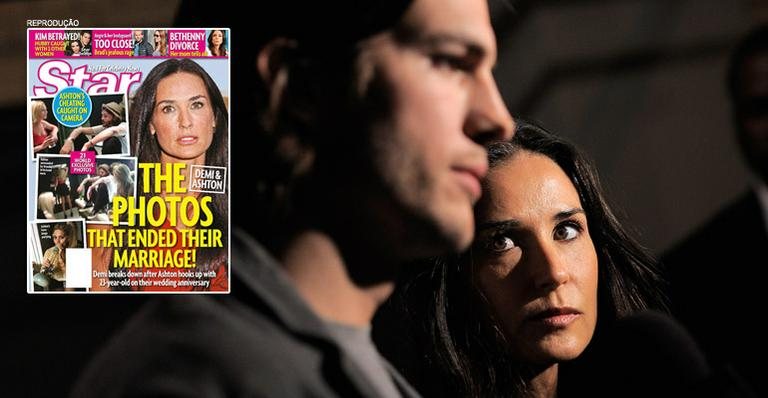 Ashton Kutchen com Demi Moore. No detalhe, a capa da revista com fotos da festa que teria motivado a separação; "As fotos que encerraram o casamento", diz a manchete - Getty Images