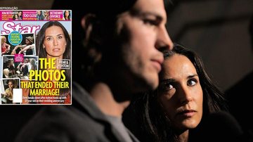 Ashton Kutchen com Demi Moore. No detalhe, a capa da revista com fotos da festa que teria motivado a separação; "As fotos que encerraram o casamento", diz a manchete - Getty Images