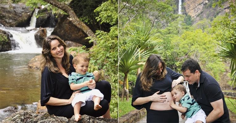 Com os pais, Adriana e Glauco, Antonio "ouve" o irmão na barriga da mãe, grávida de seis meses. Adriana e Antonio curtem cachoeira em Formosa, cidade natal de Glauco. - André Júnior