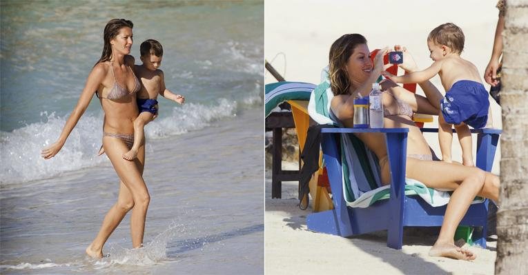 A dupla sai do mar, logo depois de Benjamin dar suas primeiras braçadas. De biquíni, Gisele exibe corpo perfeito. Na areia, a top tira fotos do filho. - Splash News