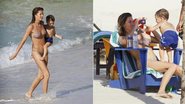 A dupla sai do mar, logo depois de Benjamin dar suas primeiras braçadas. De biquíni, Gisele exibe corpo perfeito. Na areia, a top tira fotos do filho. - Splash News