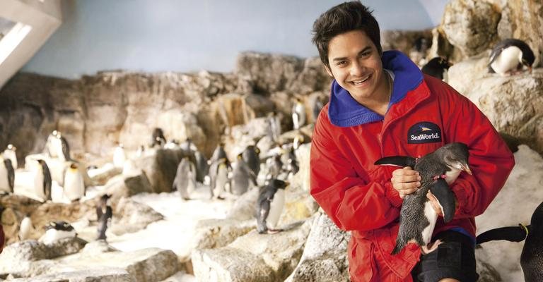 Vocalista, guitarrista e compositor da banda, ele brinca com os pinguins no Sea World. - Marco Pinto