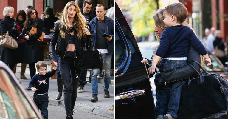 Em total sintonia, a top model gaúcha e o filho, Benjamin, deixam o restaurante predileto no West Village na viagem à cidade. - The Grosby Group