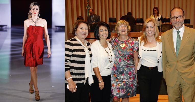 Flávia na catwalk. Eda Machado, reitora de instituição que participa do CFW, as embaixatrizes Guisela e Jocelyne, Márcia e o embaixador Gherardo. - Fotoforum