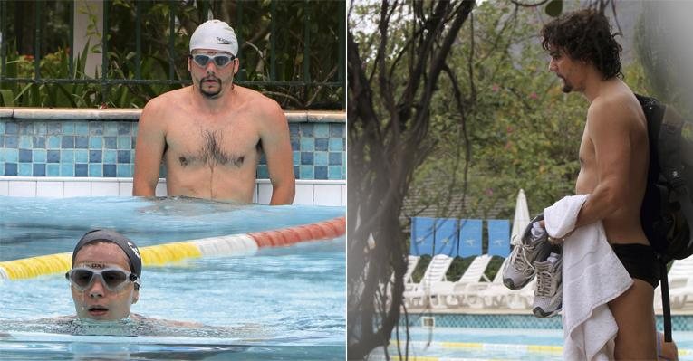 De óculos e touca, o casal nada junto em um clube carioca. No detalhe, Wagner Moura, que rodou filme no exterior, após suas braçadas. - André Freitas