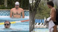 De óculos e touca, o casal nada junto em um clube carioca. No detalhe, Wagner Moura, que rodou filme no exterior, após suas braçadas. - André Freitas