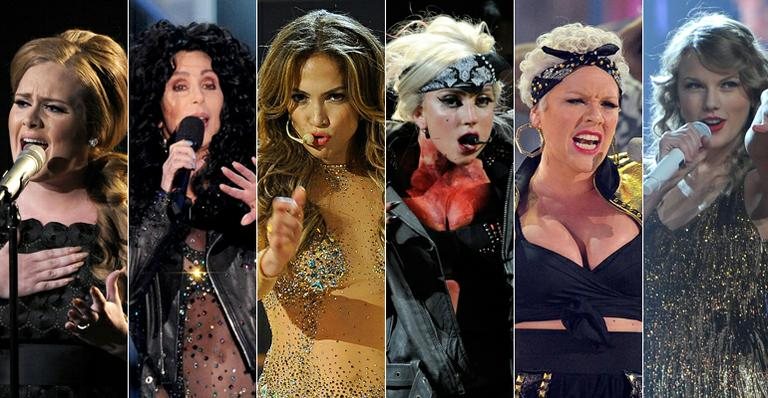 Adele, Cher, Jennifer Lopex, Lady Gaga, Pink e Taylor Swift - Getty Images