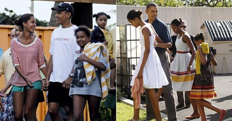 Em look bem à vontade, o mandatário dos EUA curte férias com as filhas. O trio se une a Michelle Obama para evento com marinheiros. - Reuters