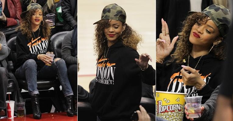 Rihanna se diverte em partida de basquete da NBA, em Los Angeles - Reprodução/Getty Images