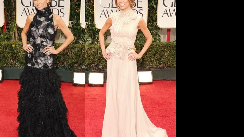 Giuliana Rancic no tapete vermelho do Globo de Ouro, com seus dois looks diferentes - Getty Images