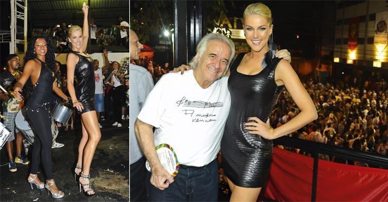 Madrinha da Vai-Vai, a apresentadora mostra seu gingado com a rainha de bateria, Camila Silva. Carinho com o maestro na quadra da agremiação na capital paulista. - João Passos