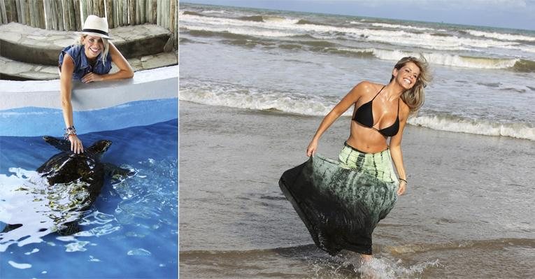 Na capital de Sergipe, a atriz se diverte na praia do Refúgio. A beldade, que é ligada em causas socioambientais, acaricia tartaruga marinha no oceanário da cidade. - Nick Saiker