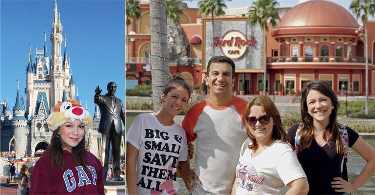 No Magic Kingdom, Priscilla se encanta com o Castelo da Cinderela e aprecia estátua de Walt Disney, criador da atração. A irmã, Alyne, os pais, Beto e Paula, e a jovem.