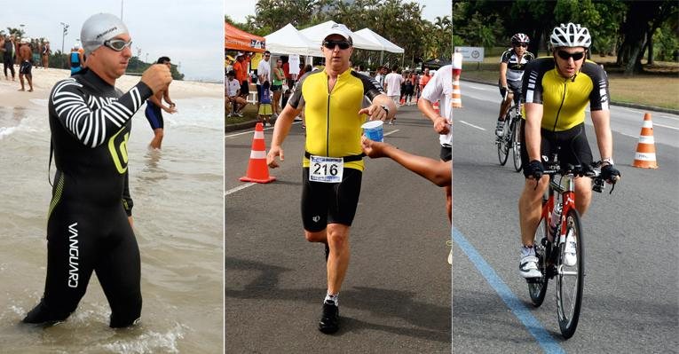 Huck em três momentos da disputa, no Rio: natação, corrida e ciclismo. Pai de Joaquim e Benício, ele faz a prova em 1h31m49s. - André Muzell