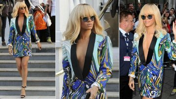 Rihanna usa vestido colorido e decotado em Londres, na Inglaterra - The Grosby Group