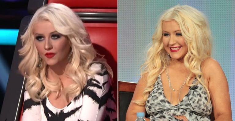 Christina Aguilera: nessa segunda-feira, 2, e em janeiro deste ano durante a coletiva de imprensa do 'The Voice' - Reprodução / Getty Images