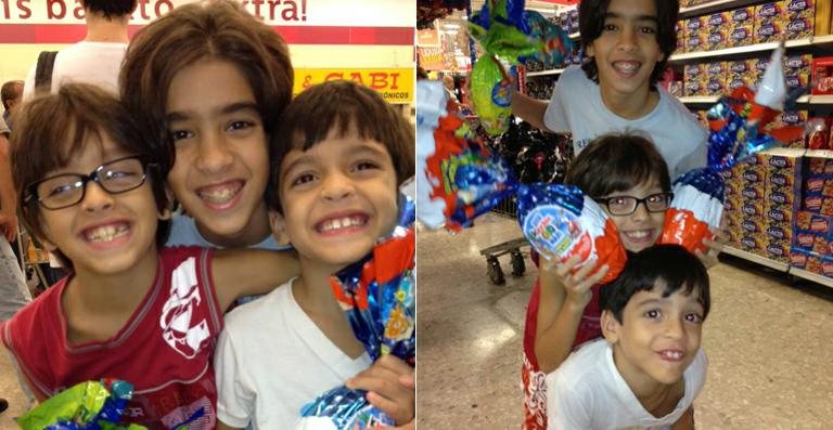 Matheus Costa e os irmãos, Davi e Gabriel, escolhem os ovos de Páscoa - Divulgação