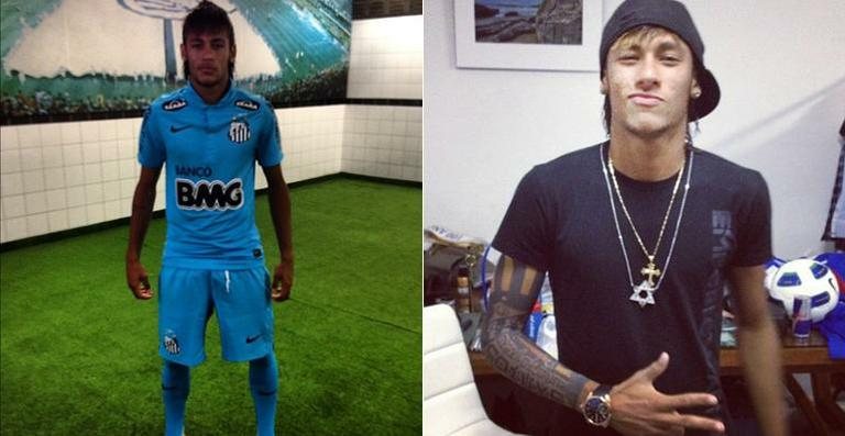 Neymar com a nova camisa do Santos e com uma tatuagem falsa em homenagem ao centenário do clube - Reprodução/Twitter