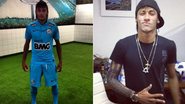 Neymar com a nova camisa do Santos e com uma tatuagem falsa em homenagem ao centenário do clube - Reprodução/Twitter