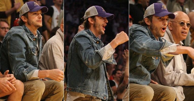 Ashton Kutcher torce em jogo de basquete da NBA, em Los Angeles - Reprodução/Splash News splashnews.com