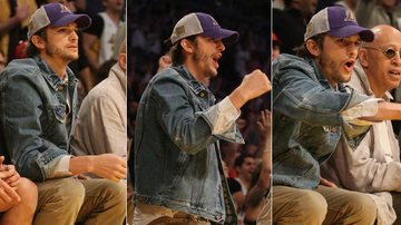 Ashton Kutcher torce em jogo de basquete da NBA, em Los Angeles - Reprodução/Splash News splashnews.com