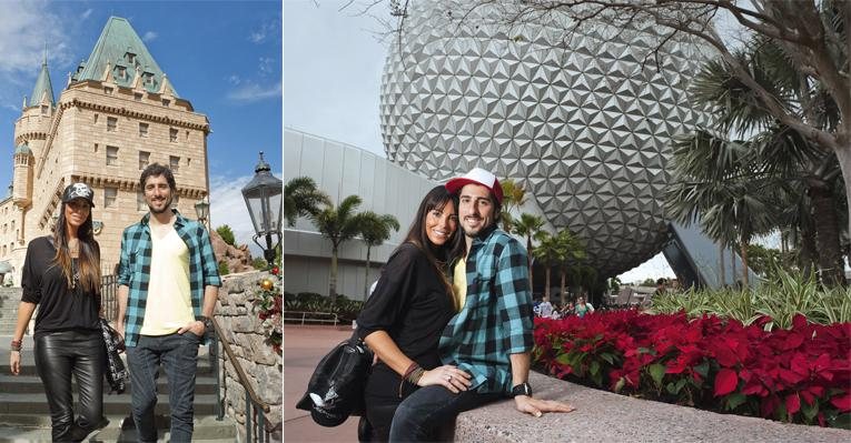 Suzana e Marcos visitam parque do complexo Disney com o tema diversidade dos países, como os castelos do Canadá. Cumplicidade diante da Espaçonave Terra, o símbolo do local. - Samuel Chaves