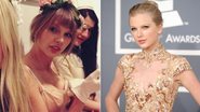 Taylor Swift em foto publicada no Twitter de sua amiga, Dianna Agron, no último dia 25, e em foto tirada em fevereiro, no Grammy - Reprodução Twitter / Getty Images