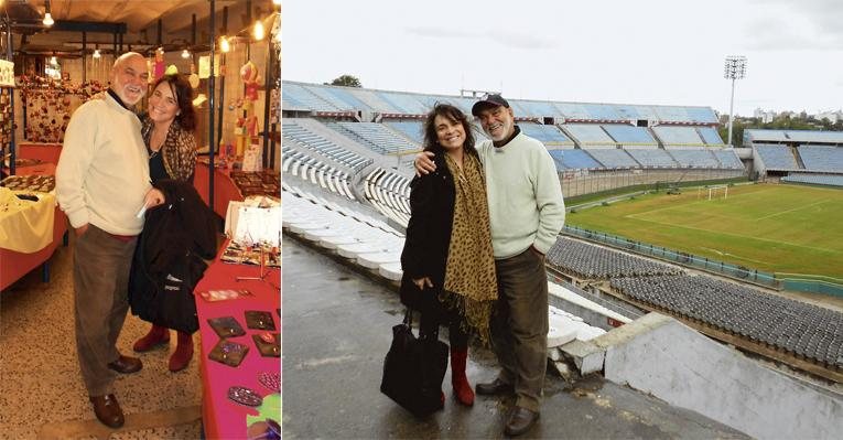 A dupla visita o Estádio Centenário, em Montevidéu. Regina e Lima relembram parceria em Roque Santeiro, de 1985, em passeio por feira de artesanato local. - tv globo