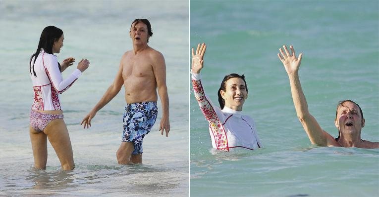 Em temporada de lazer e descanso no badalado balneário de Saint Barths, o ex-beatle recebe o carinho da amada após mergulho no mar. Simpático, o casal acena para os fãs. - Southern Press