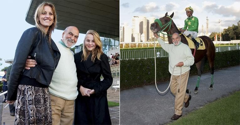 Após um páreo, ele reverencia Capace e o jóquei F. Larroque. Celebra com Júlia e Laura. - Marco Pinto