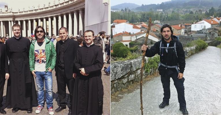 De cajado, Sandro, que não pôde ter a companhia da amada, Susana Vieira, chega à vila de Padrón, Espanha. Com padres italianos no Vaticano. - arquivo pessoal