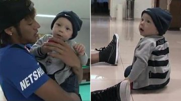 Neymar brinca com o filho, o pequeno Davi Lucca, antes do jogo do Santos diante do Bolívar - Reprodução/Santos TV